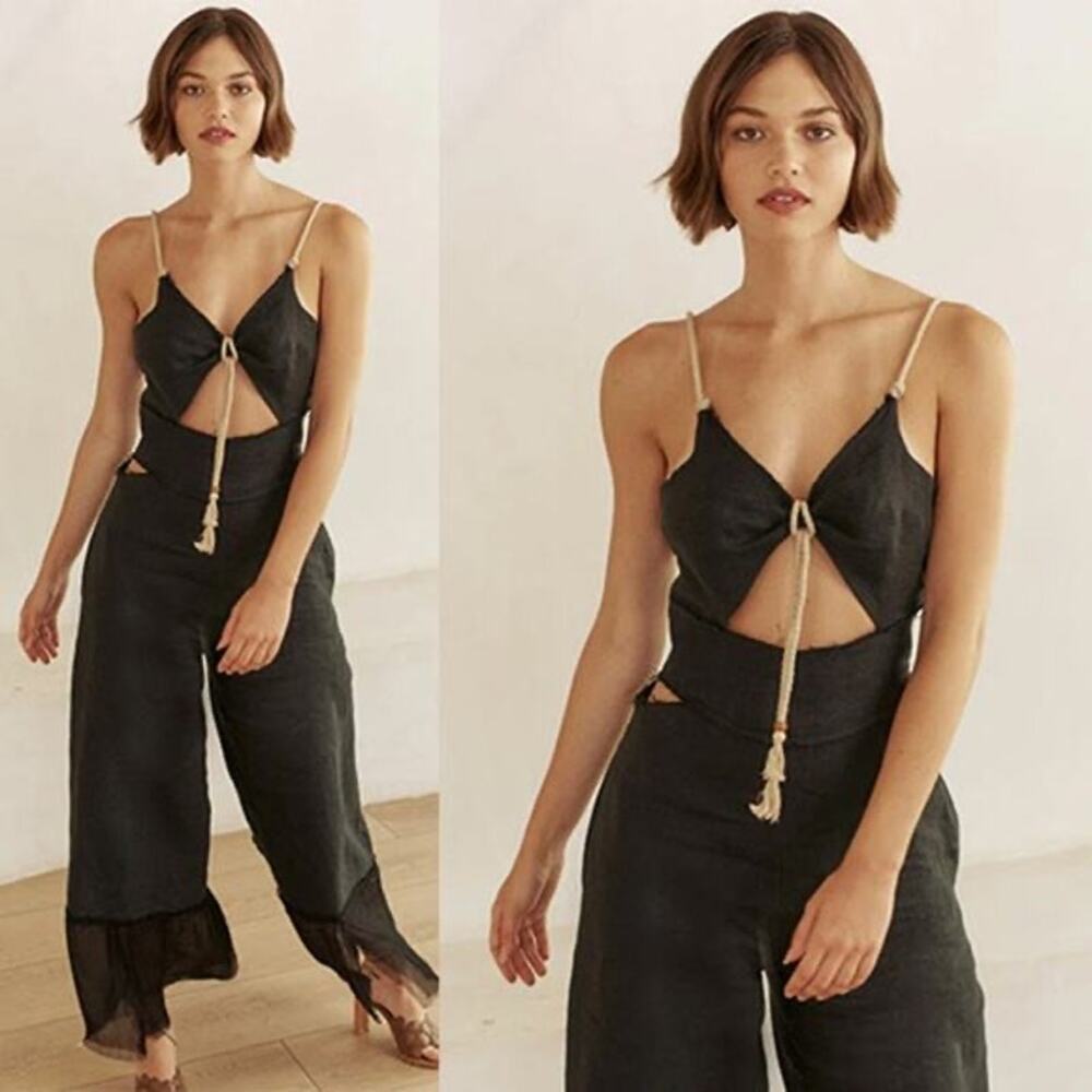 Just Bee Queen Black Linen Wide Leg Cut Out Jumpsuit Size S NWT